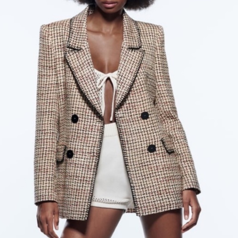 Women's Tan Tweed Double-Breasted Jacket